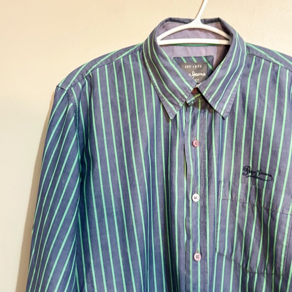 Vintage Pepe Jeans Purple Cotton Button Up Dress Shirt Green Stripes - Picture 2 of 15
